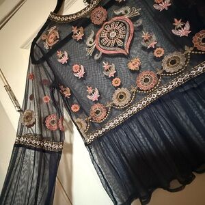 Zara Navy Floral Embroidered Blouse